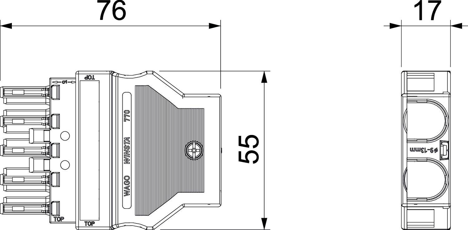 Tehnički nacrt elektroničke komponente. Prikazuje dimenzije: 76 mm širine, 55 mm visine, bočni pogled s dubinom od 17 mm.