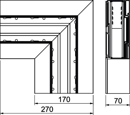 Presjek prozora u kutu s mjerama: širina 270 mm, dubina 170 mm. Desno vertikalni presjek dubine 70 mm. Tehnički nacrt.