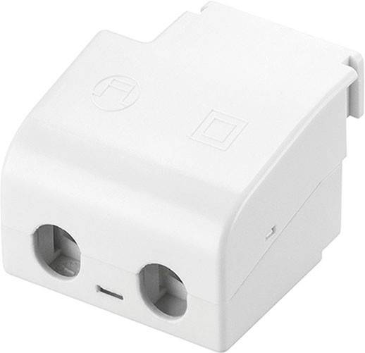 Bijeli elektrotehnički mrežni adapter s dva otvora i simbolima na gornjem dijelu, pogodan za električne spojeve.