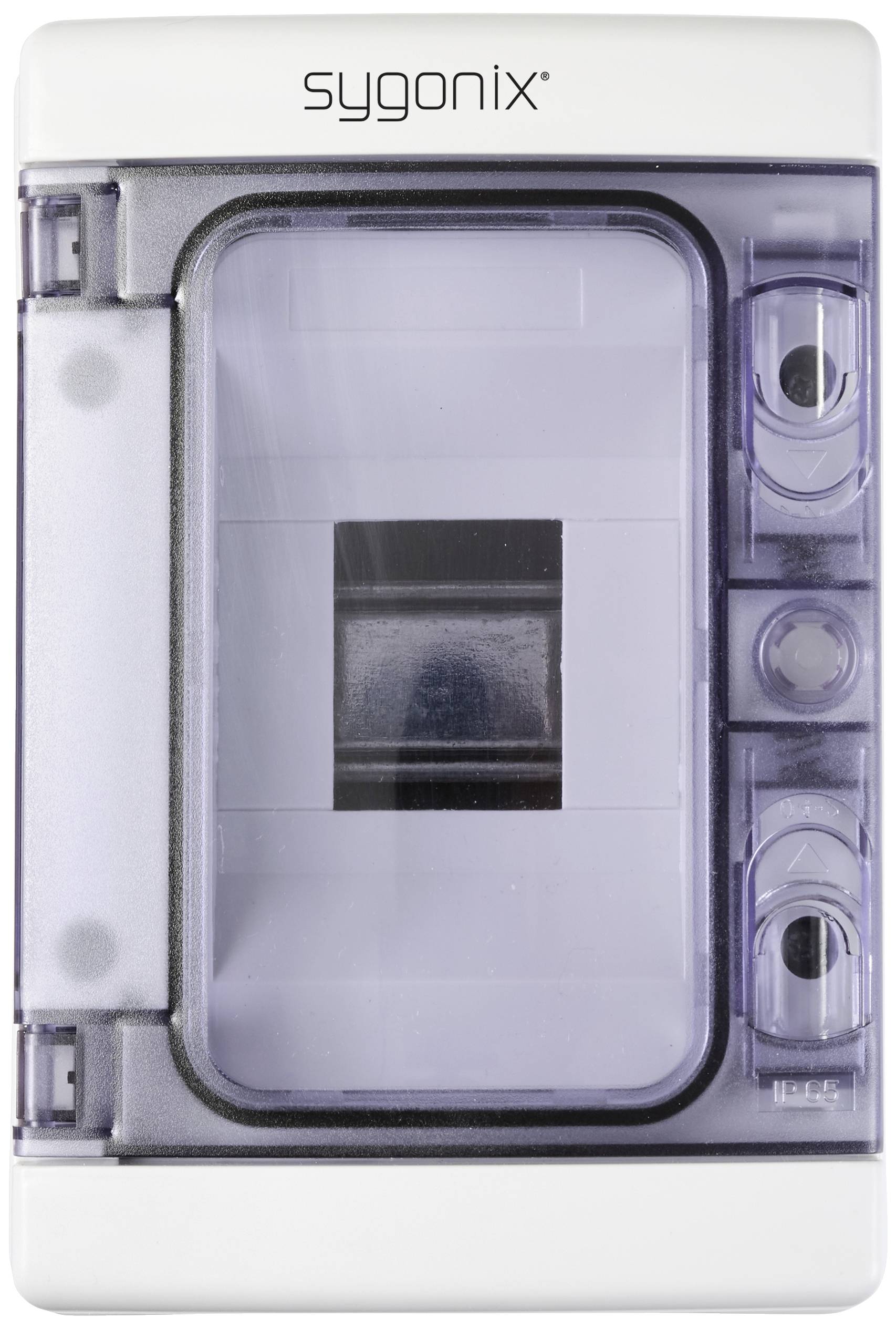 Bijelo plastično kućište s prozirnim, sivim poklopcem, prikladno za smještaj sklopnika.