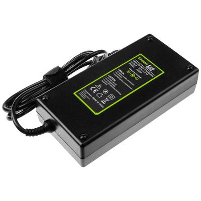 Crni punjač s informacijskom naljepnicom zeleno obrubljenom prikazuje detalje o struji i naponu; pogodan za električne uređaje.