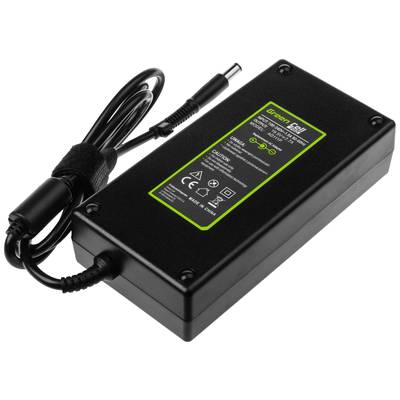 Crni mrežni adapter za prijenosno računalo s kabelom, zelena naljepnica s tehničkim informacijama, korišten za punjenje elektroničkih uređaja.