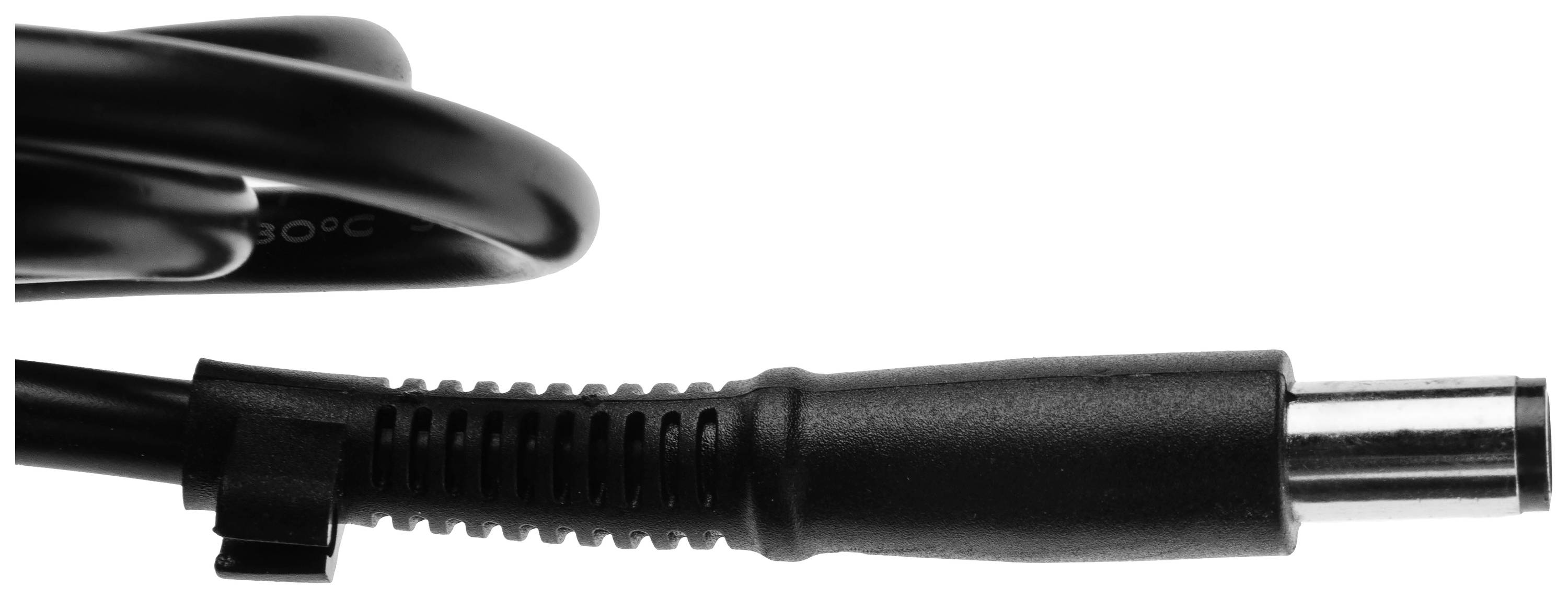 Crni električni kabel s okruglim priključkom, izoliran na bijeloj pozadini.