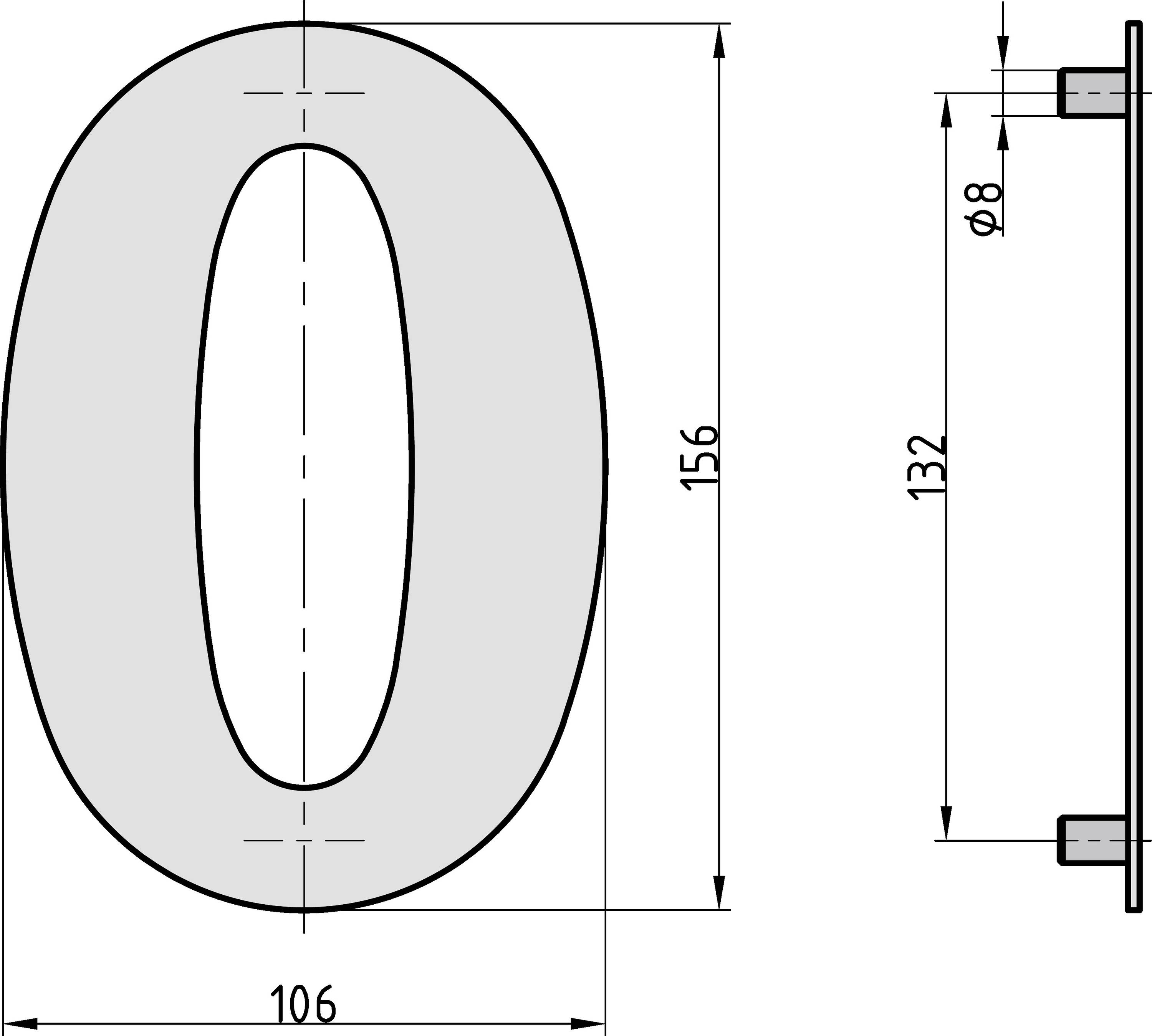 Tehnički nacrt broja nula: visina 156 mm, širina 106 mm, prikazi sprijeda i sa strane sa rupama promjera 8 mm.