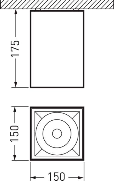 Tehnički nacrt prikazuje mjere kvadratnog objekta veličine 150x150 mm pri pogledu odozdo te visinu od 175 mm.