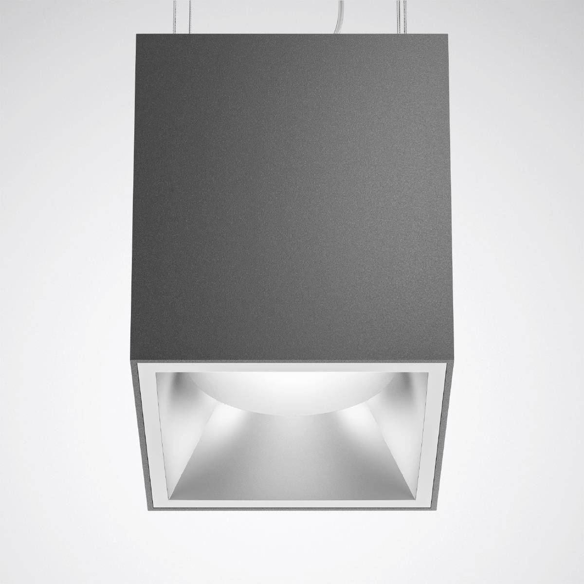 Siva, kockasta stropna lampa svijetli. Modernog dizajna, pogodna za suvremene unutarnje prostore.