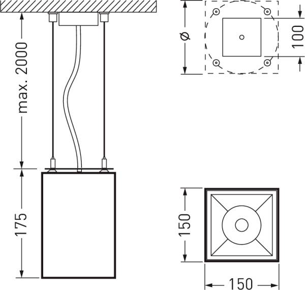 Tehnički nacrt viseće lampe s dimenzijama: maks. 2000 mm u visini, baza 150 mm x 150 mm, visina lampe 175 mm.