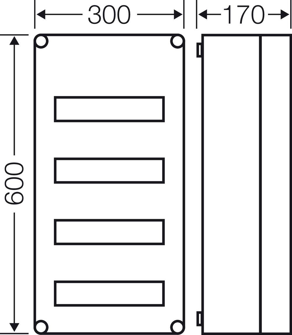 Tehnički nacrt pravokutne kutije dimenzija 300x600x170 mm, prednji i bočni pogled, s četiri horizontalne komponente.
