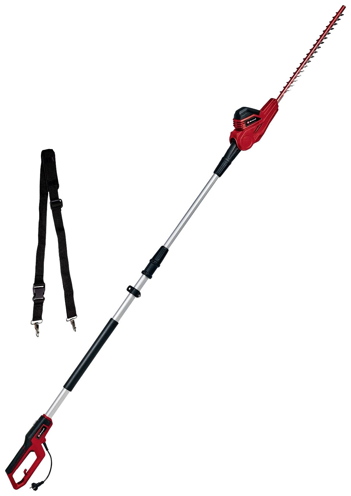 Električne teleskopske škare za živicu s dugačkom, podesivom drškom i trakom za nošenje. Pogodne za rezanje visokih živica.