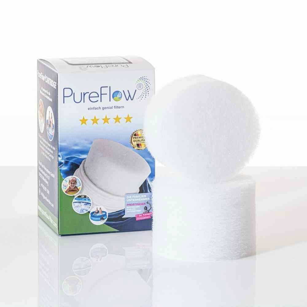 Ambalaža i dva okrugla bijela filtra marke 'PureFlow', pored teksta 'jednostavno genijalno filtrirati' s pet žutih zvijezda.