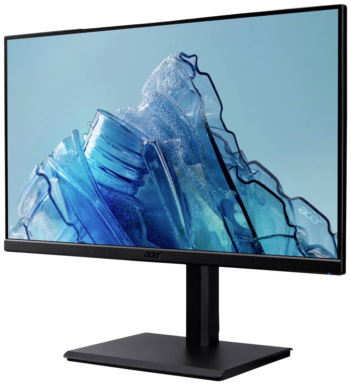 Acer monitor s plavom glacijskom slikom na crnoj stalnoj podlozi.