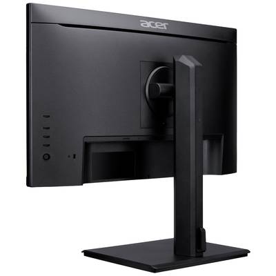 Crni računalni zaslon снимљен from straga. Oznake 'Acer', monitor nudi podesiv stalak za nagib i visinu.