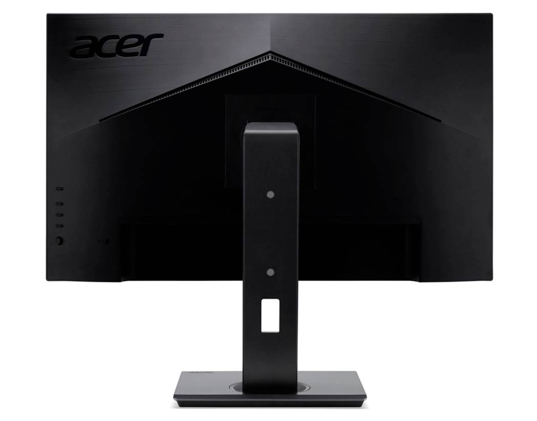 Stražnja strana crnog Acer monitora s pravokutnom postoljom i nekoliko priključaka na lijevoj strani.