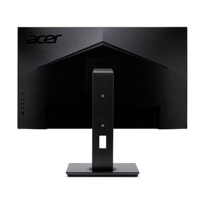Stražnja strana crnog Acer monitora s pravokutnom postoljom i nekoliko priključaka na lijevoj strani.