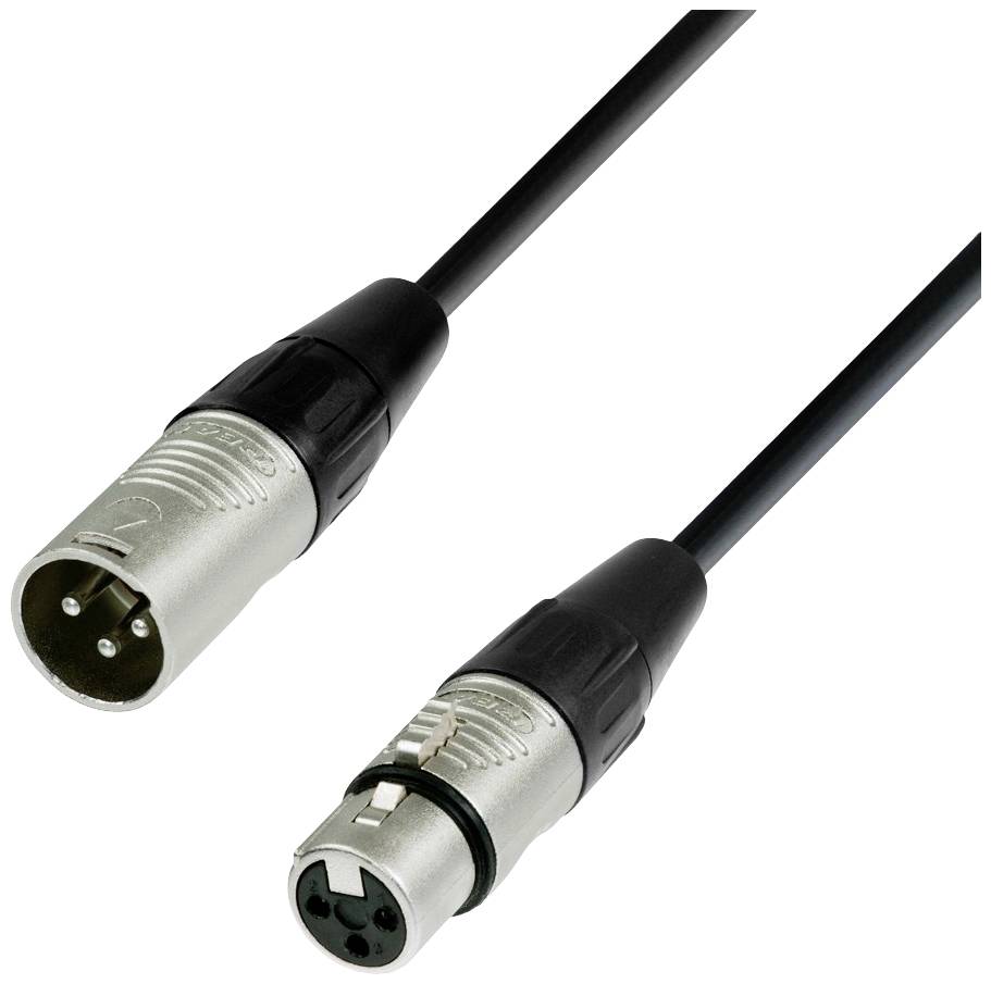 XLR kabel s muškim utikačem lijevo i ženskim utikačem desno za prijenos zvuka i profesionalnu audio opremu.