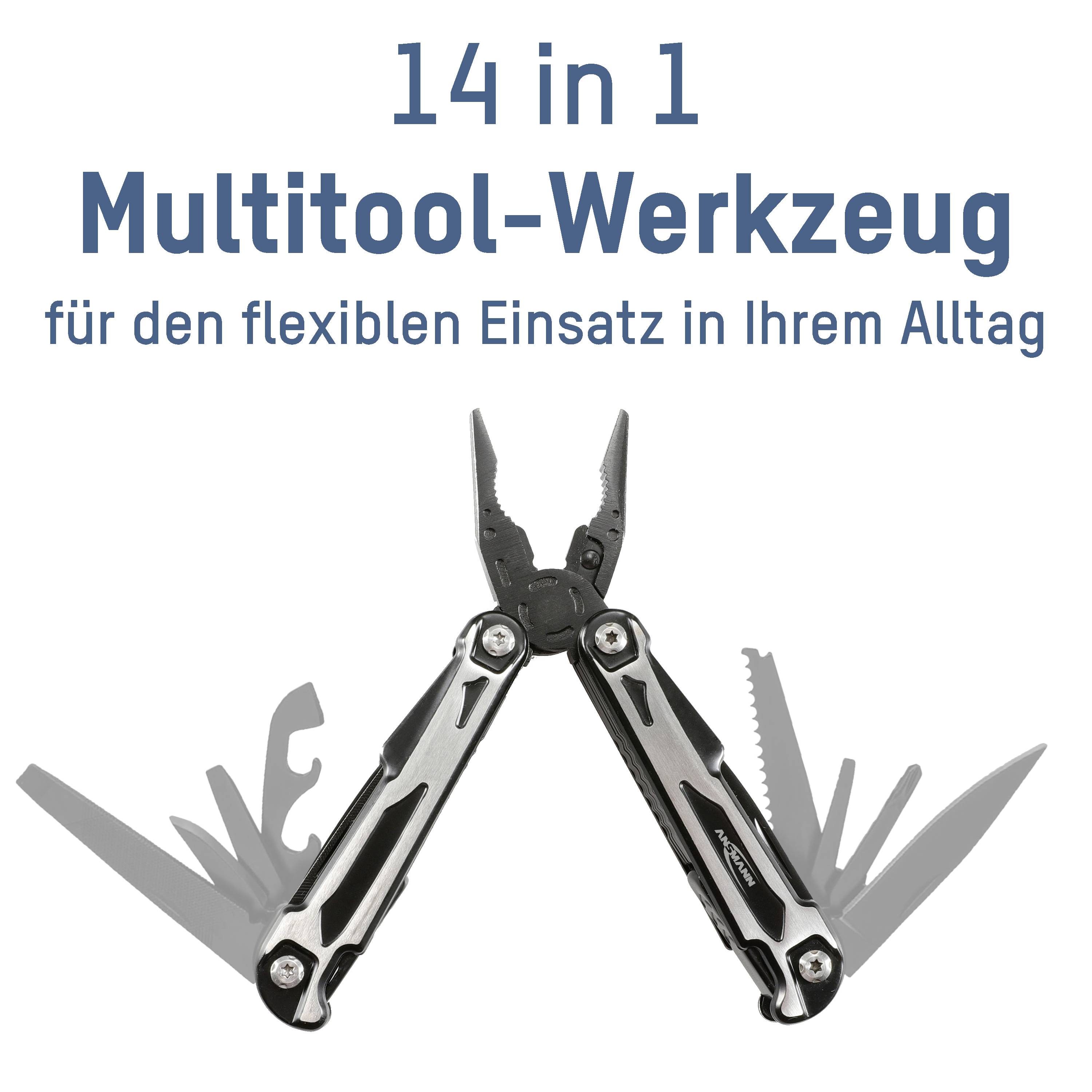 Multitool alat sa 14 funkcija u otvorenom stanju. Gore piše: '14 u 1 multitool alat za fleksibilnu upotrebu u svakodnevici'.