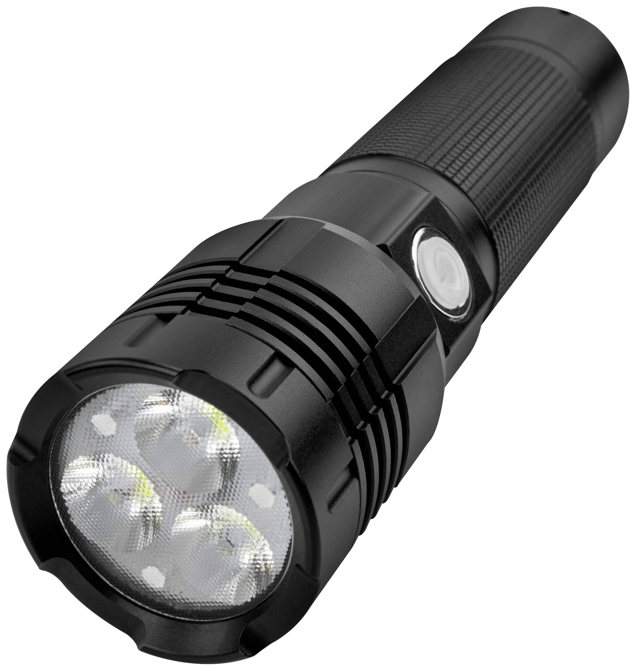 Crna baterijska lampa s tri LED žarulje, bočnim upravljačkim gumbom i strukturiranom ručkom.