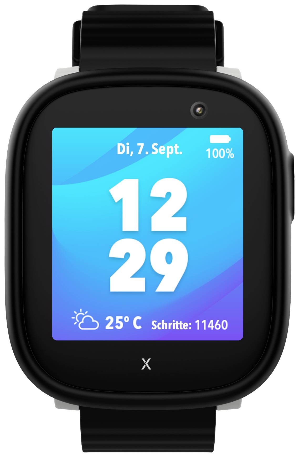 Pametni sat s crnom trakom prikazuje datum 'Ut, 7. ruj', vrijeme '12:29', stanje baterije '100%', temperatura '25°C', broj koraka '11460'.