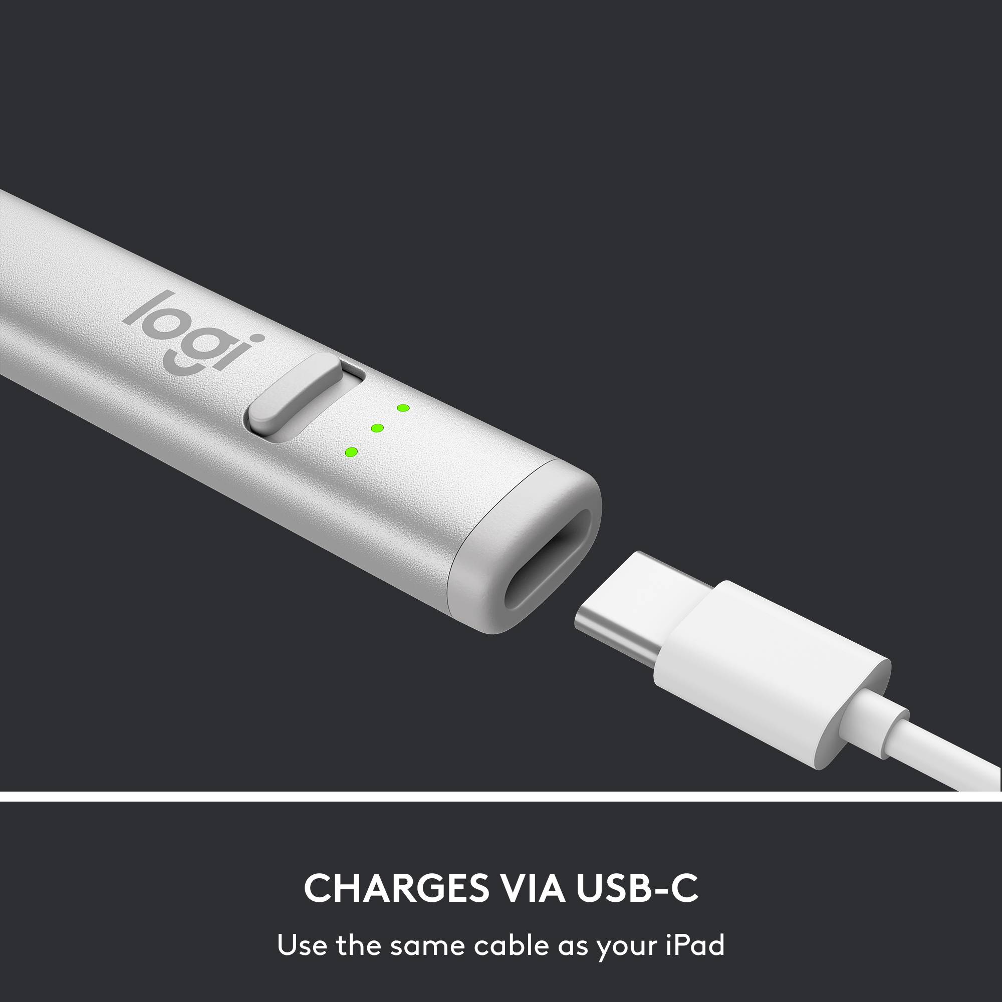 Na slici se nalazi srebrni olovka s natpisom 'logi' i USB-C punjač. Tekst: 'Punjenje putem USB-C. Koristite isti kabel kao za svoj iPad'.