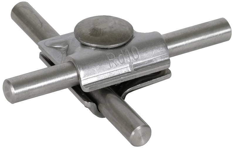 Metalni alat s dvije prekrižene šipke, gore opremljen kružnom pločom, najčešće korišten za tehničke ili industrijske primjene.