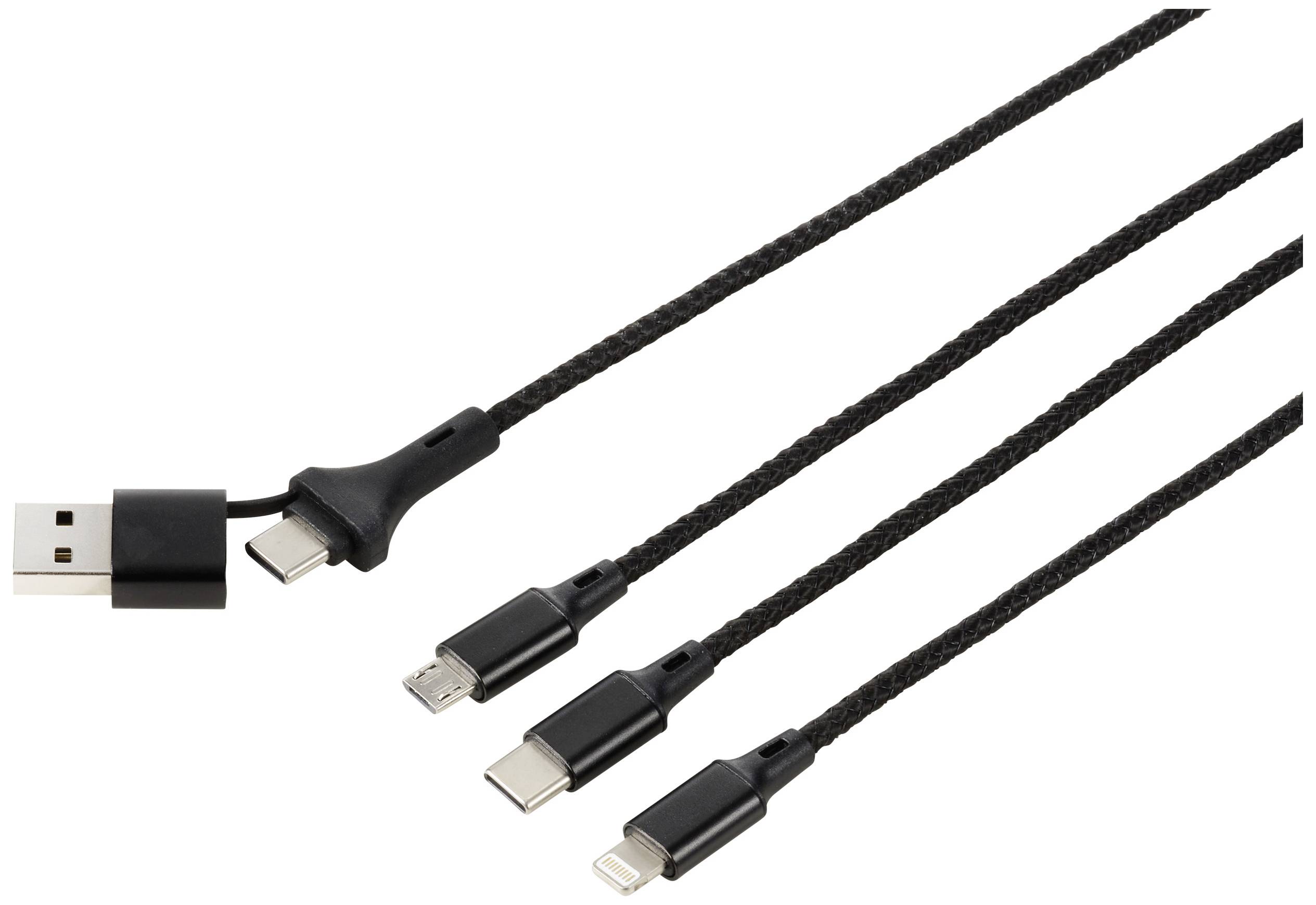 USB punjač s četiri različite vrste utikača: USB-C, micro-USB i Lightning. Idealan za punjenje različitih uređaja.