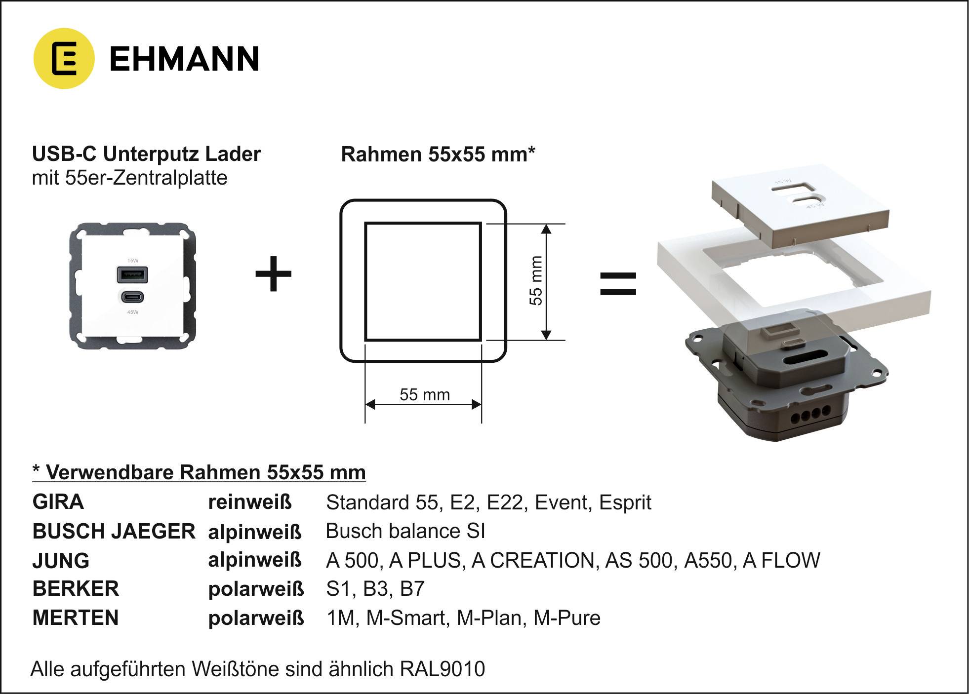 USB-C ugradbeni punjač' od Ehmanna. Kompatibilan s okvirima 55x55 mm vodećih marki poput Gire, Busch-Jaegera i Junga.
