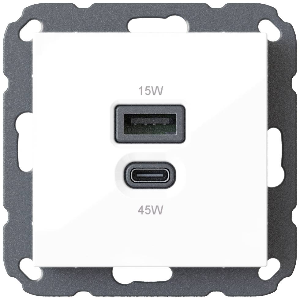 Bijela utičnica s crnim okvirom, sadrži USB-A priključak s '15W' i USB-C priključak s '45W'.