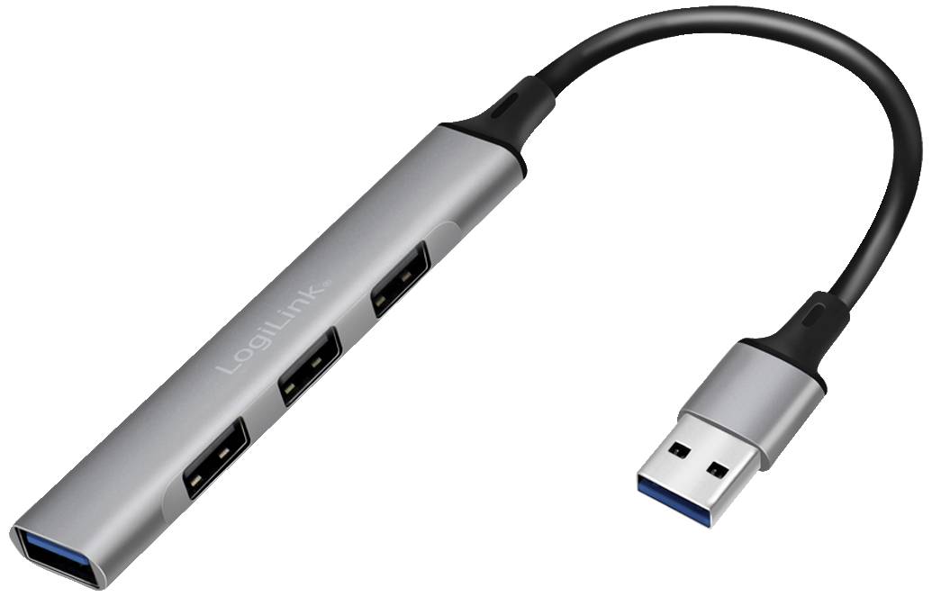 Srebrni USB-hub s tri USB priključka sa strane i kratkim kabelom s USB utikačem na kraju.