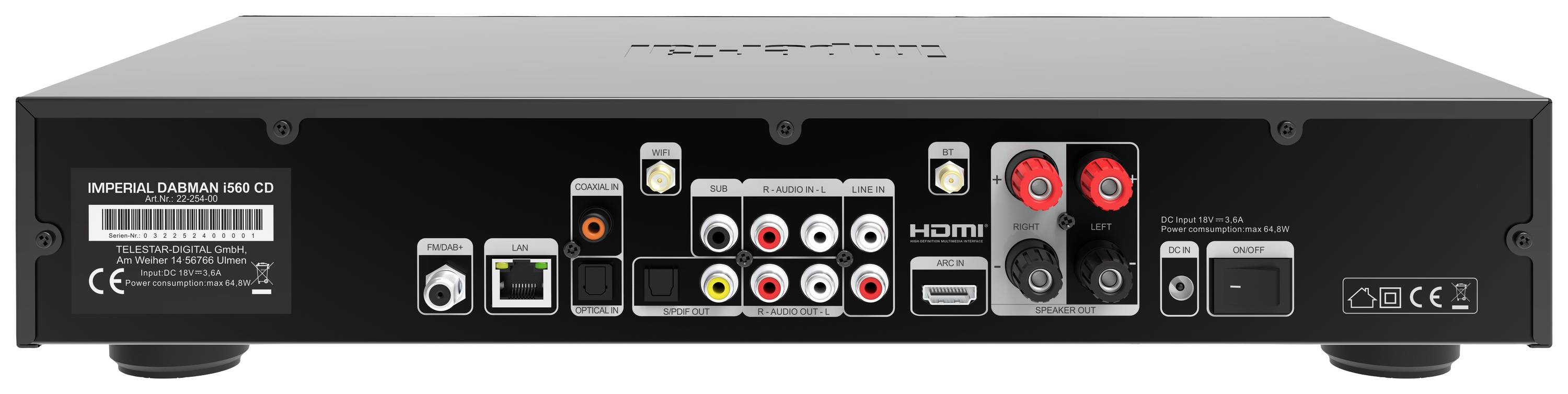 Stražnja strana audio-/videoređaja s različitim priključcima, uključujući HDMI, RCA, USB i mrežne priključke.