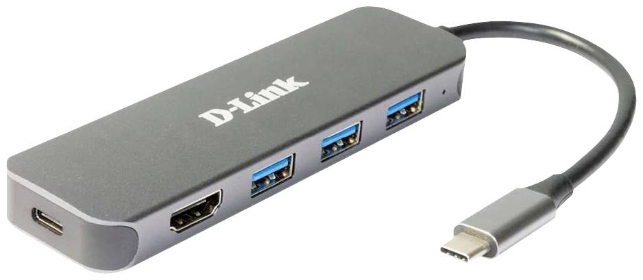 USB-C hub D-Link-a s tri USB priključka, jednim HDMI priključkom i jednim USB-C priključkom. Pogodan za povezivanje više uređaja.