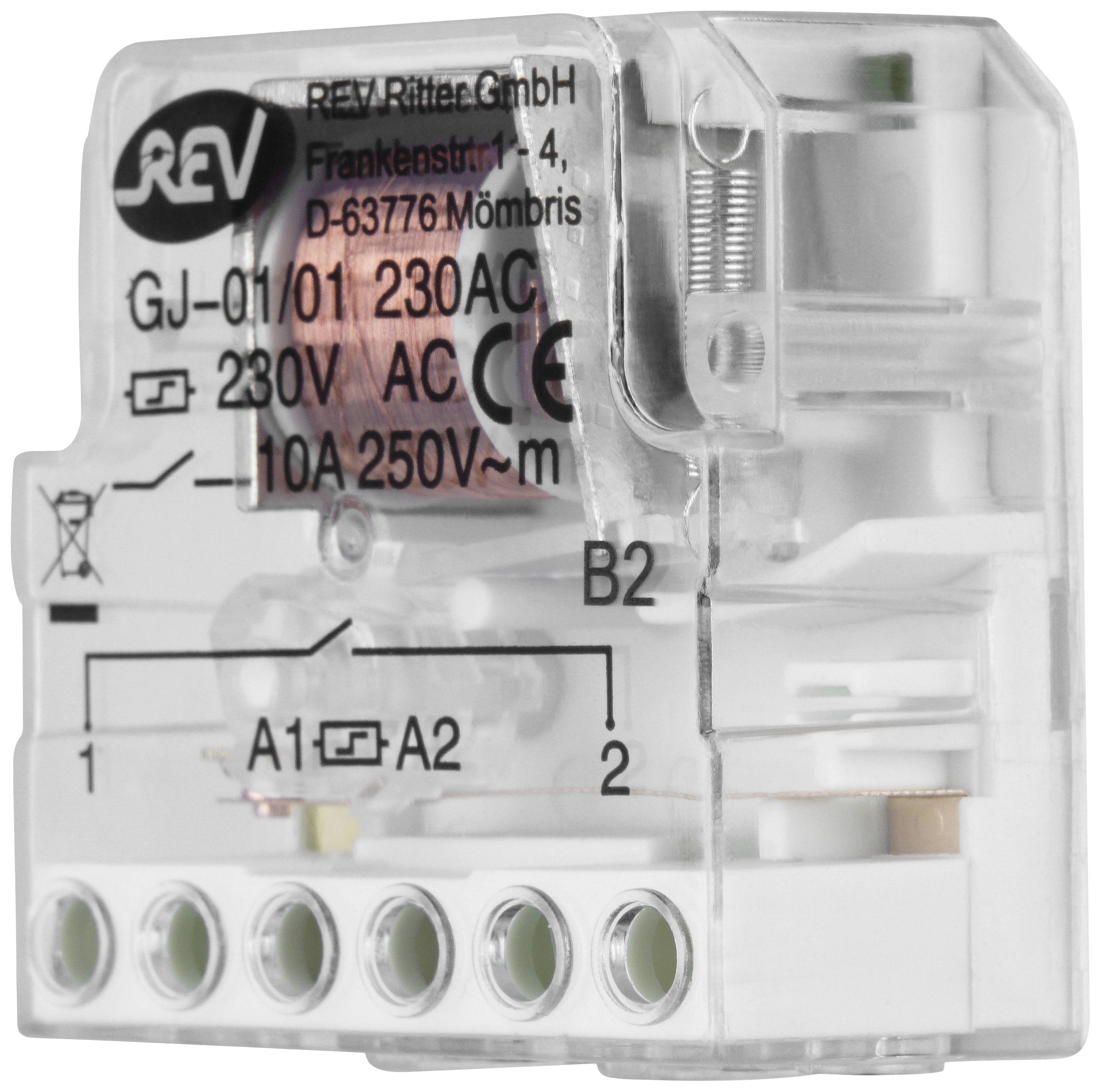 Prozirno releje tvrtke REV Ritter GmbH s natpisom 'GJ-01/01 230AC', napon 230V, struja 10A, napon 250V~.