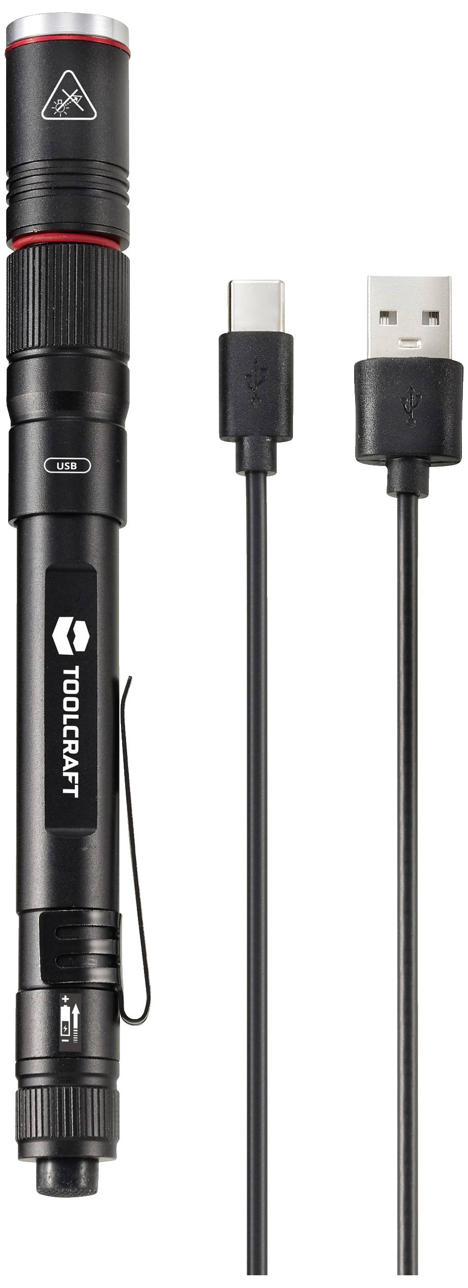 Šiljasta LED džepna svjetiljka od Toolcrafta s USB kabelom za punjenje. Idealna za precizno osvjetljenje i jednostavno punjenje putem USB-a.