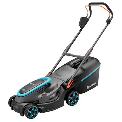 Električni električni kosilica s crućim kućištem i plavim naglascima, označena logotipom 'Gardena'. Idealna za srednje velike vrtove.