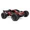 RC-auto u crvenom i crno-bijelom uzorku, veliki spojler, grube gumene gusjenice, na bijeloj pozadini.