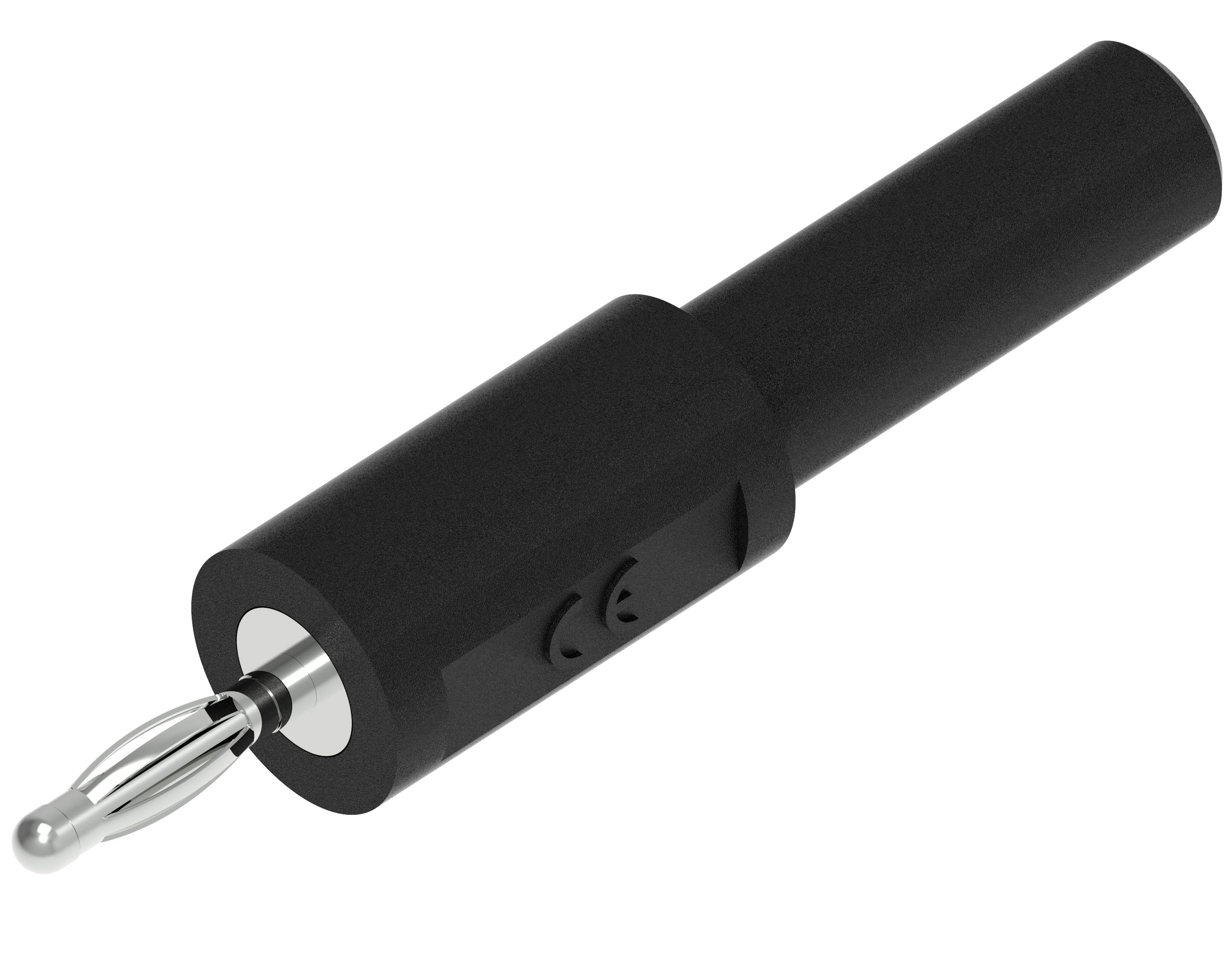 Crni banana utikač s metalnim kontaktom, pogodan za priključenje električnih uređaja na izvor napajanja.