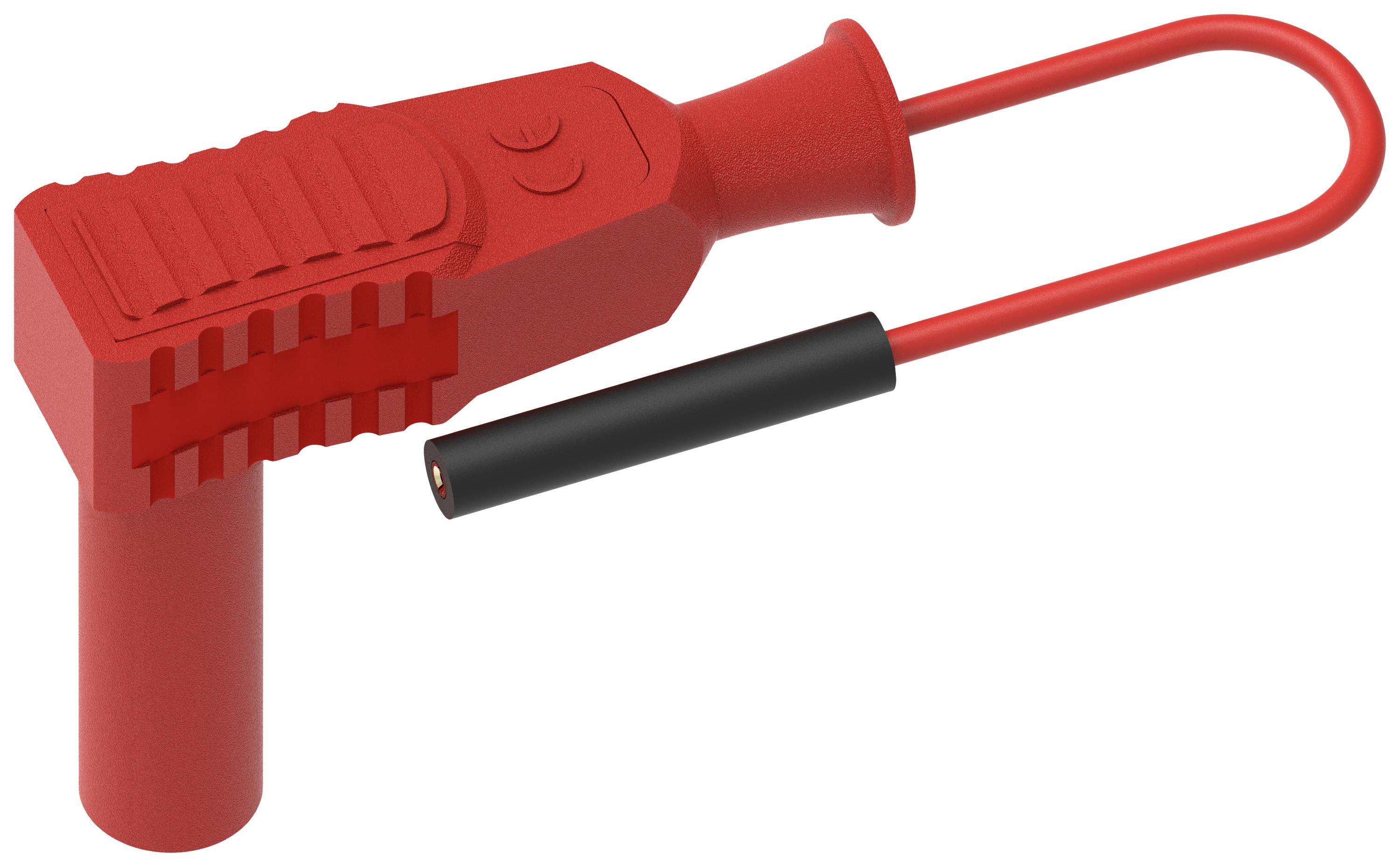 Crveni, pravokutni plastični nosač s kukicom i vertikalnom ručkom. Crna olovka je pričvršćena za nosač.