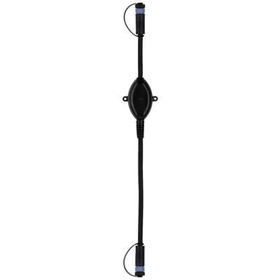 Crni kabel s dva uklonjiva utikača na krajevima i ovalnim središnjim dijelom. Pogodan za električne spojeve.