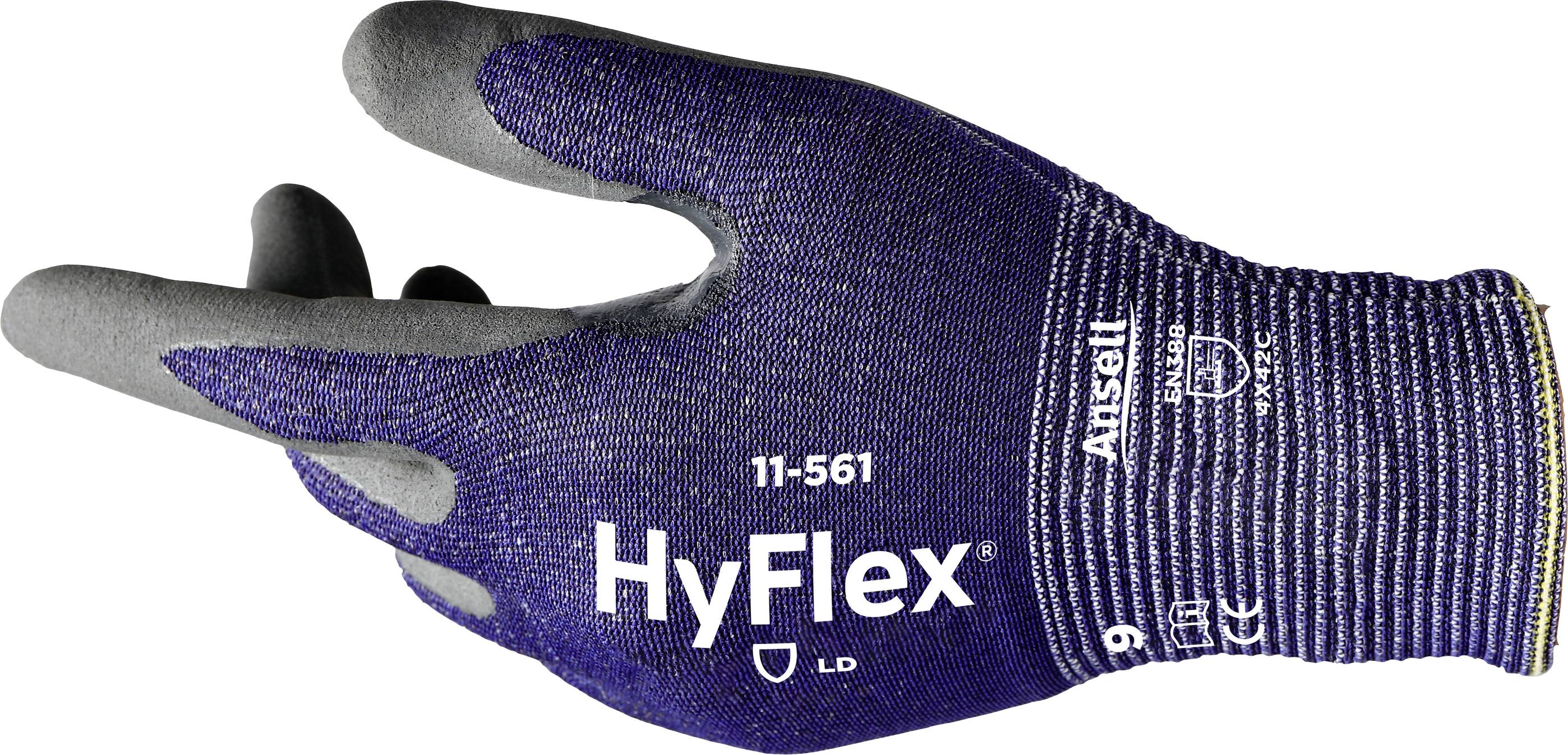 Tamno plavi radni rukavac sa sivom unutarnjom stranom. Natpis: 'HyFlex 11-561', 'Karakteristike opreme', 'Veličina 9'.