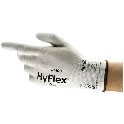 Jedna ruka nosi bijelu radnu rukavicu s natpisom 'HyFlex 48-100', prikladnu za lake mehaničke poslove.