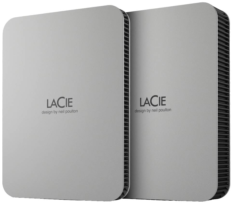 Dvije sive vanjske tvrde diskove s logom 'LaCie design by neil poulton', postavljene jedna pokraj druge.