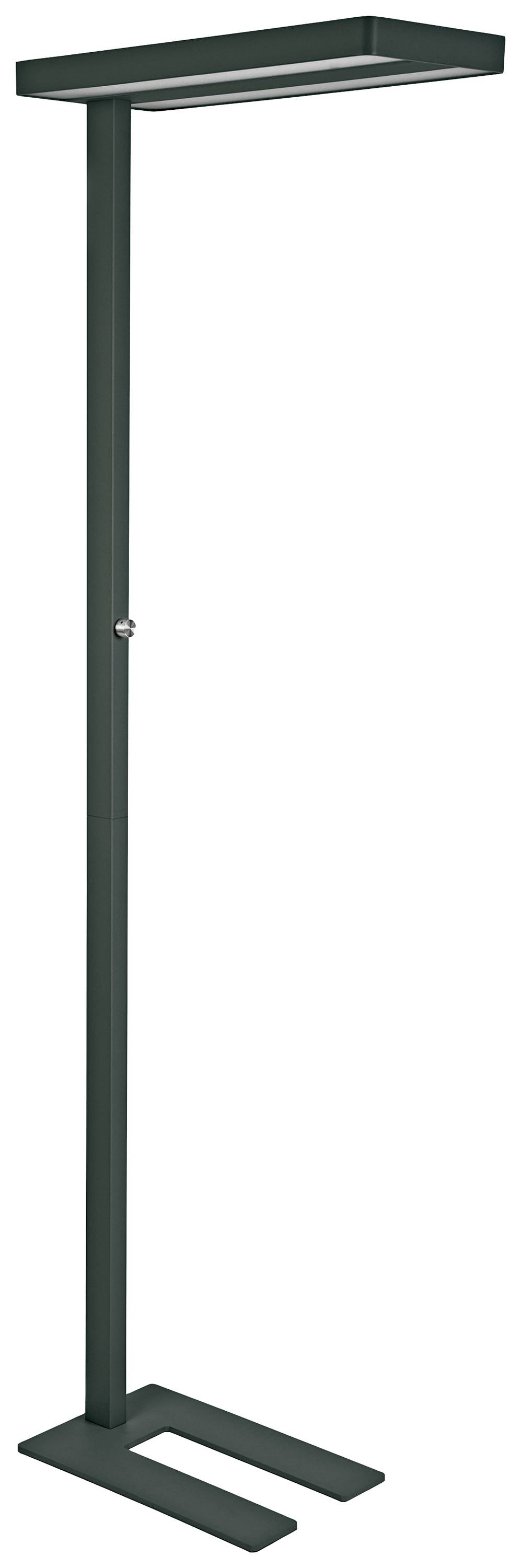 Crna, vitka stojeća lampa s pravokutnom glavom. Modernog dizajna, pogodna za uredske ili stambene prostore.
