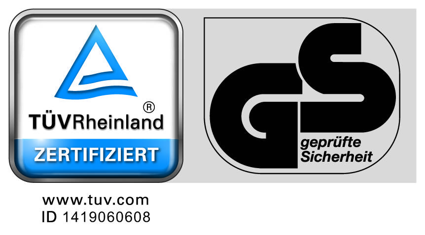 TÜV Rheinland certificiran logo pokraj 'GS provjerena sigurnost' logotipa. Web stranica i ID broj dolje: www.tuv.com, ID 1419060608.
