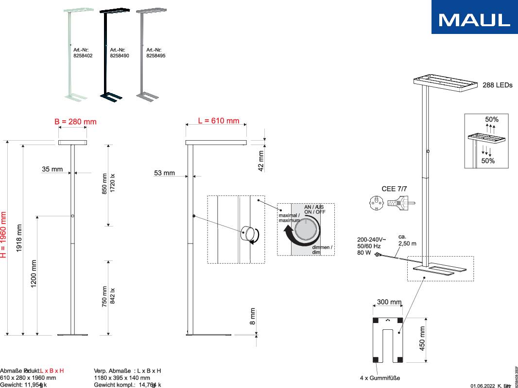 Tehnički nacrt stojeće lampe s mjerama i detaljima komponenata. Prikazuje poglede na lampu te produktni broj MAUL Lumen 8256.