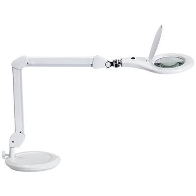 Bijela LED lupa sa savitljivom rukom i čvrstom postoljom, opremljena kružnom lećom za precizne radove.