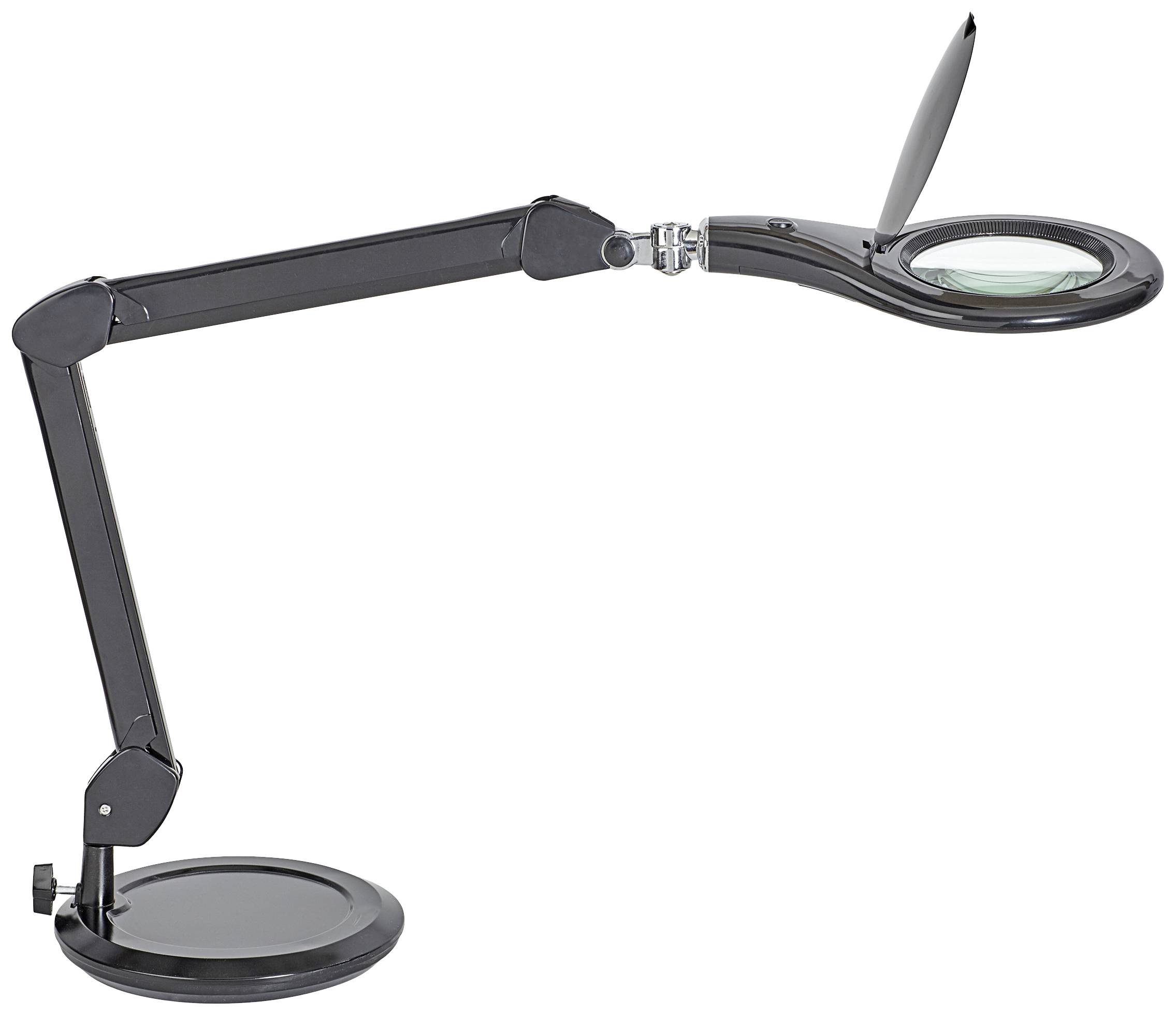 Crna, fleksibilna stolna lampa s okruglom bazom i velikim zglobnim krakom, opremljena integriranom povećalom na glavi.