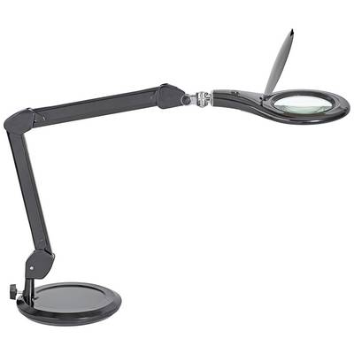 Crna, fleksibilna stolna lampa s okruglom bazom i velikim zglobnim krakom, opremljena integriranom povećalom na glavi.