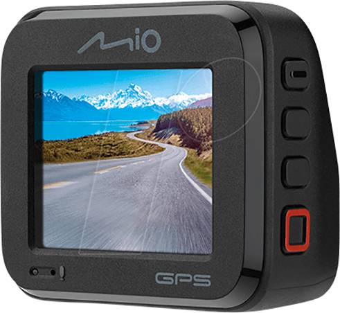 Mala kamera s zaslonom koji prikazuje krajobraz s zavijenom cestom. Na kameri piše 'Mio' i 'GPS'.
