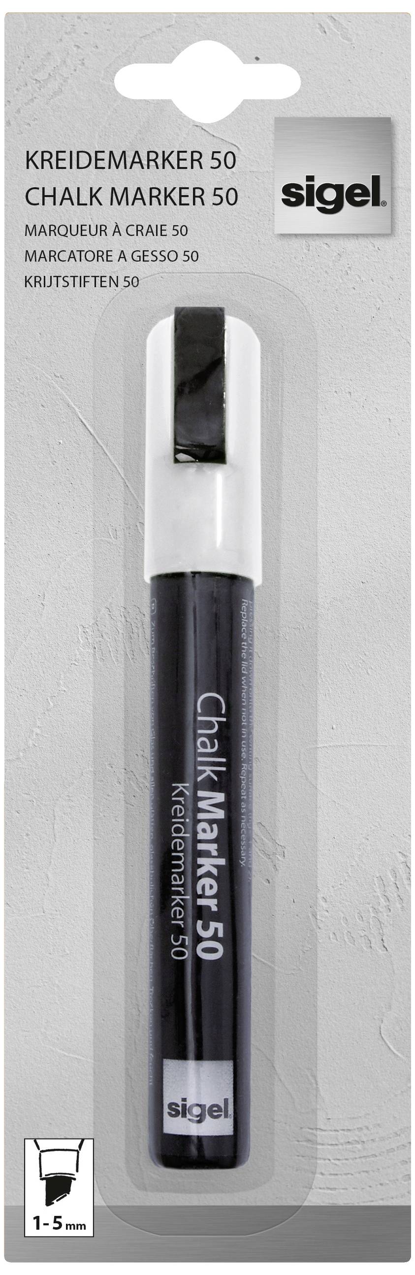 Pakiranja crnog marker olovke za pisanje po ploči marke Sigel, veličine 1-5 mm. Sadrži marker za pisanje po ploči s crnim poklopcem.