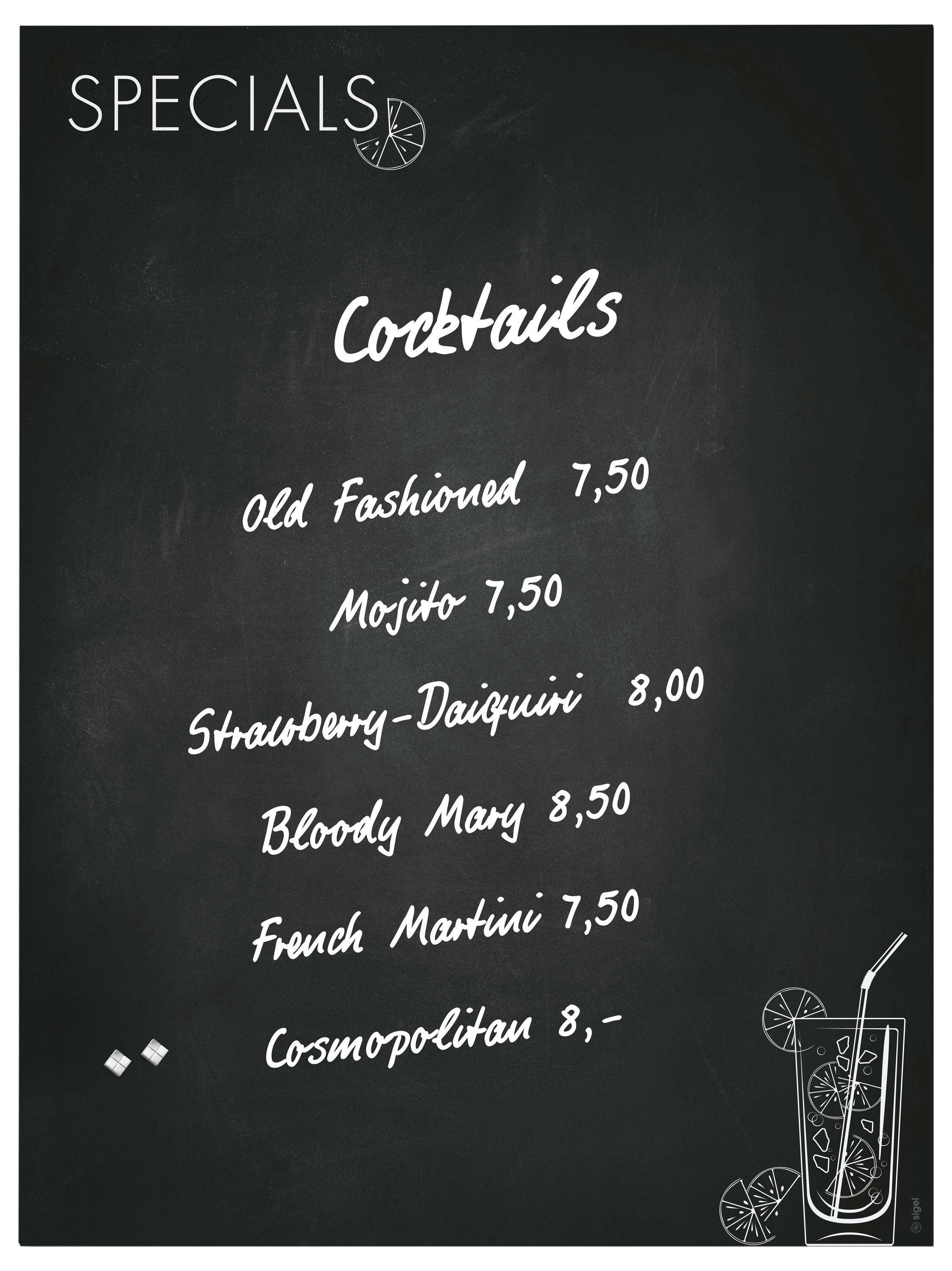 Meni posebnosti na katedri s popisom koktela i cijena: Old Fashioned 7,50; Mojito 7,50; Strawberry-Daiquiri 8,00; Bloody Mary 8,50; French Martini 7,50; Cosmopolitan 8,-
