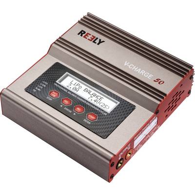Punjač s digitalnim prikazom, koji pokazuje 'LiPo Balance', napon 7.4V, 2.5A. Naziv marke 'REELY', model 'V-Charge 50'.